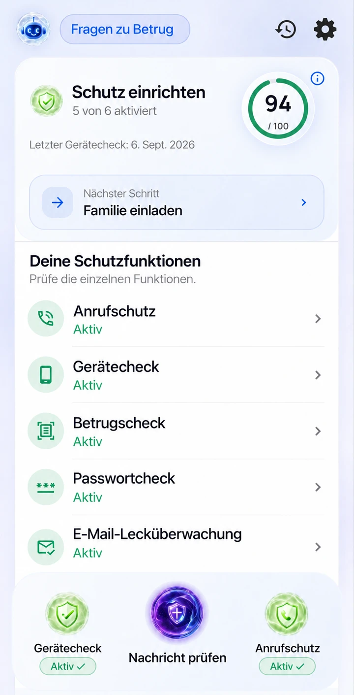 StopScam app: protection overview, device check, message scanner and Call Guard