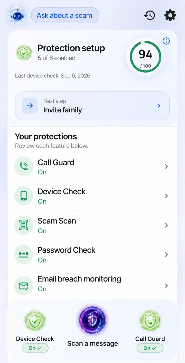 StopScam app: protection overview, device check, message scanner and Call Guard