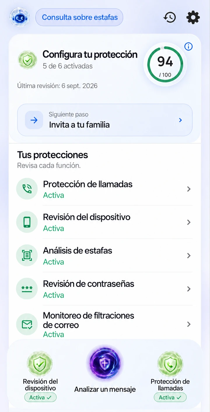 StopScam app: protection overview, device check, message scanner and Call Guard
