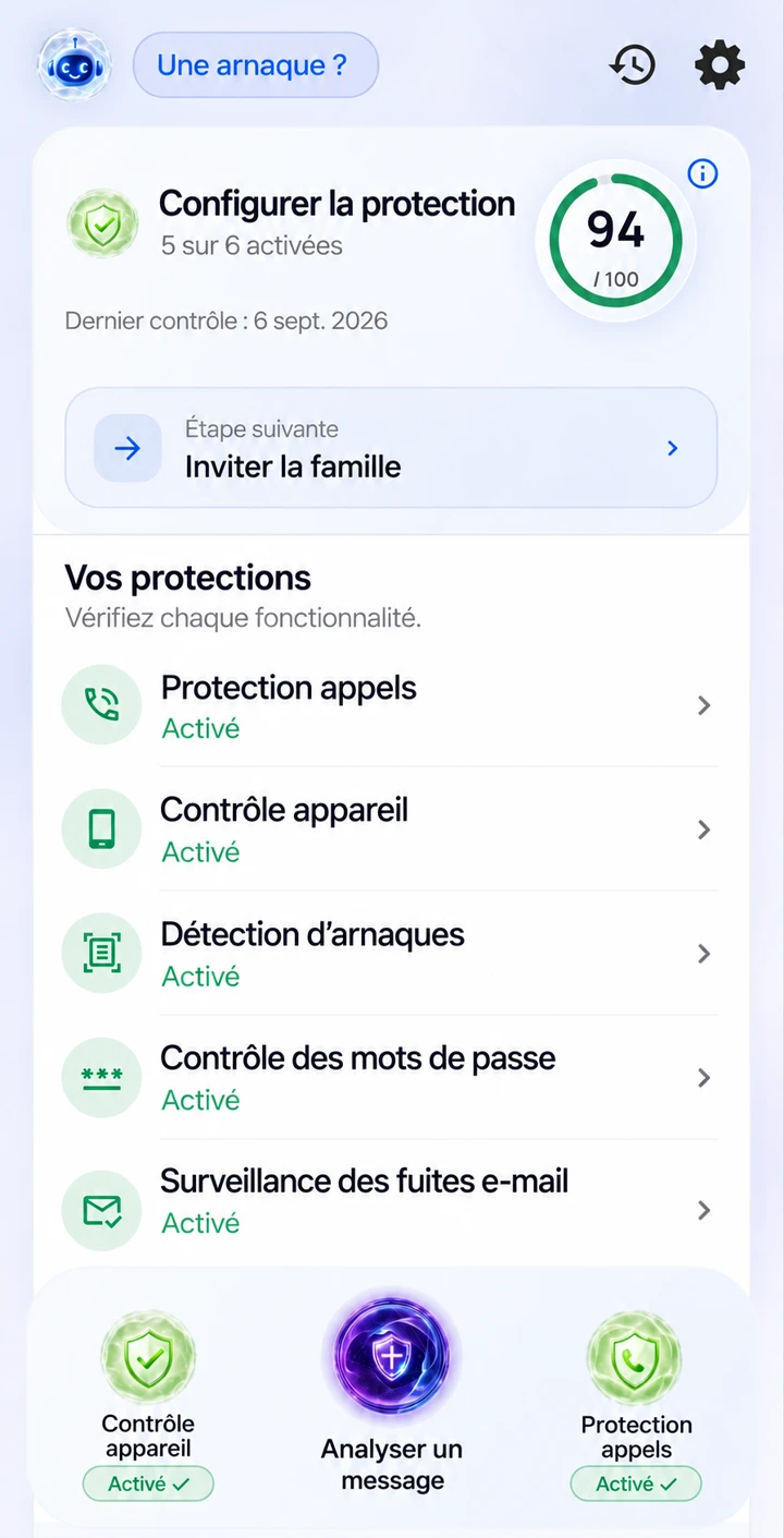 StopScam app: protection overview, device check, message scanner and Call Guard