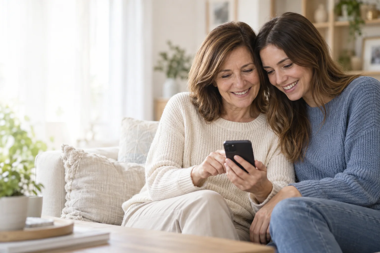 A mother and daughter looking at a phone together